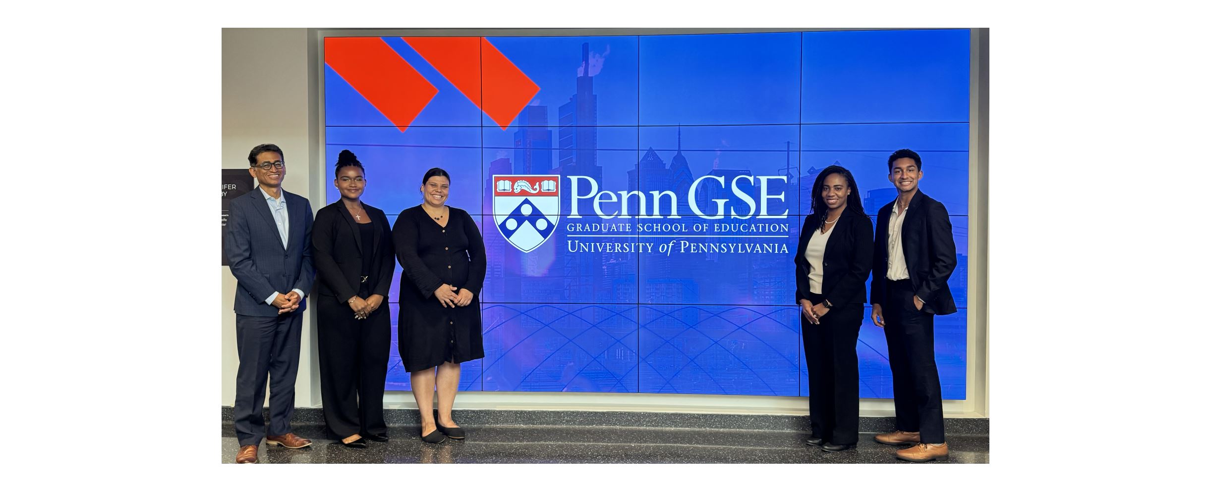 Alicia Augustin (second from left) and Vikram Sundaram (first from right) researched youth civic engagement in Philadelphia with mentorship from Dr. Rand Quinn (Department of Education) (first from left). 