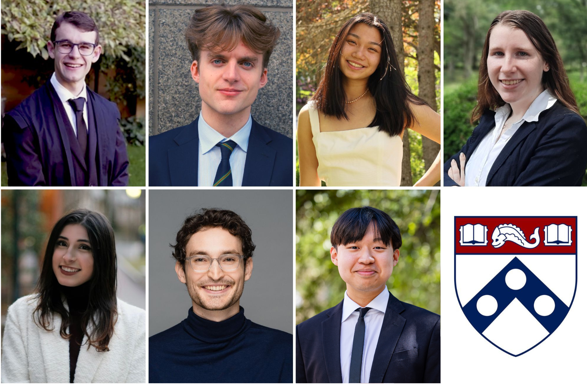 Penn’s 2025 Thouron Scholars are (left to right): (top) Benjamin Cohen, Alexander Gerlach, Joy Gong, and Sarah Hinkel; (bottom) Sophie Kadan, Benjamin May, and Joey Wu. (Images: Courtesy of the Center for Undergraduate Research and Fellowships)