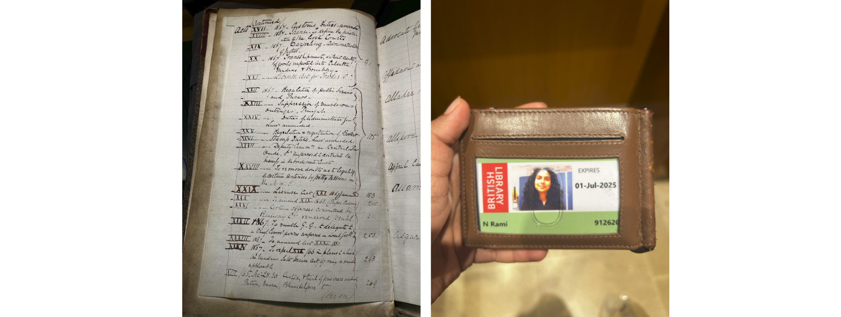 A handwritten catalogue from the British Archives and Norah Rami's British Archives access card.