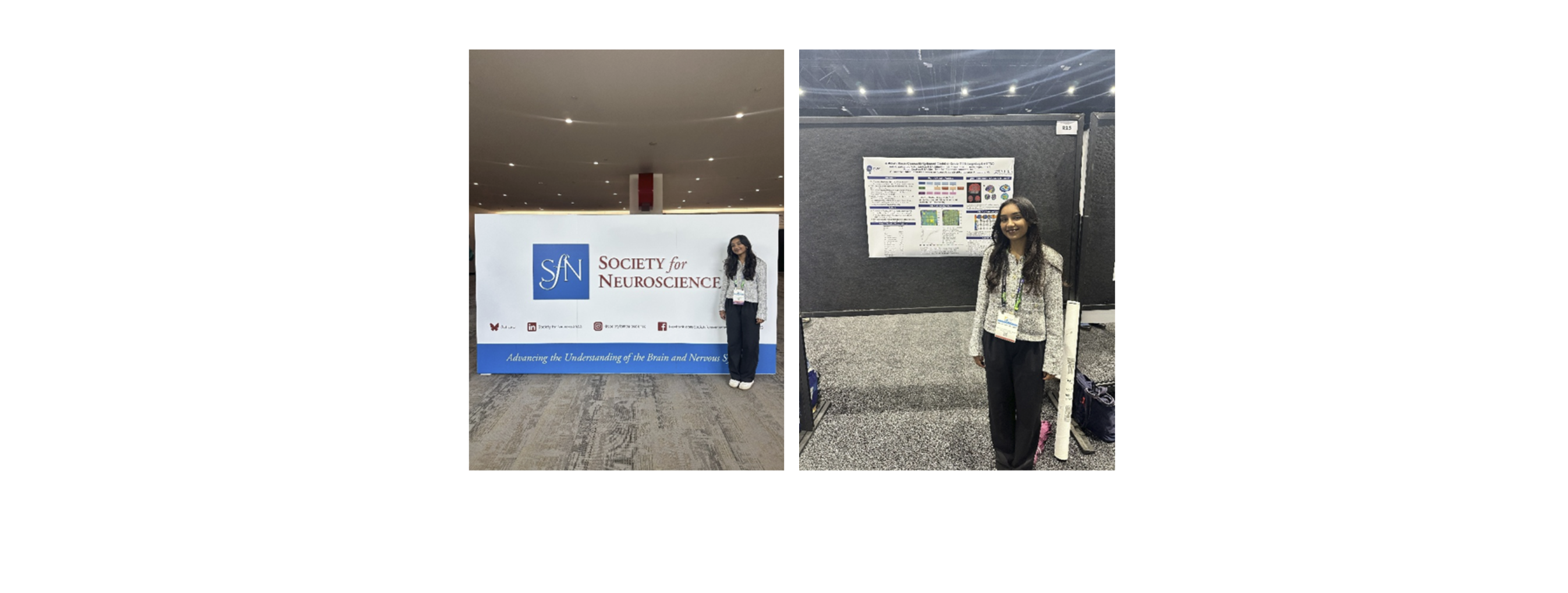 Sneha at poses in front of her poster at the 2025 Society for Neuroscience conference.