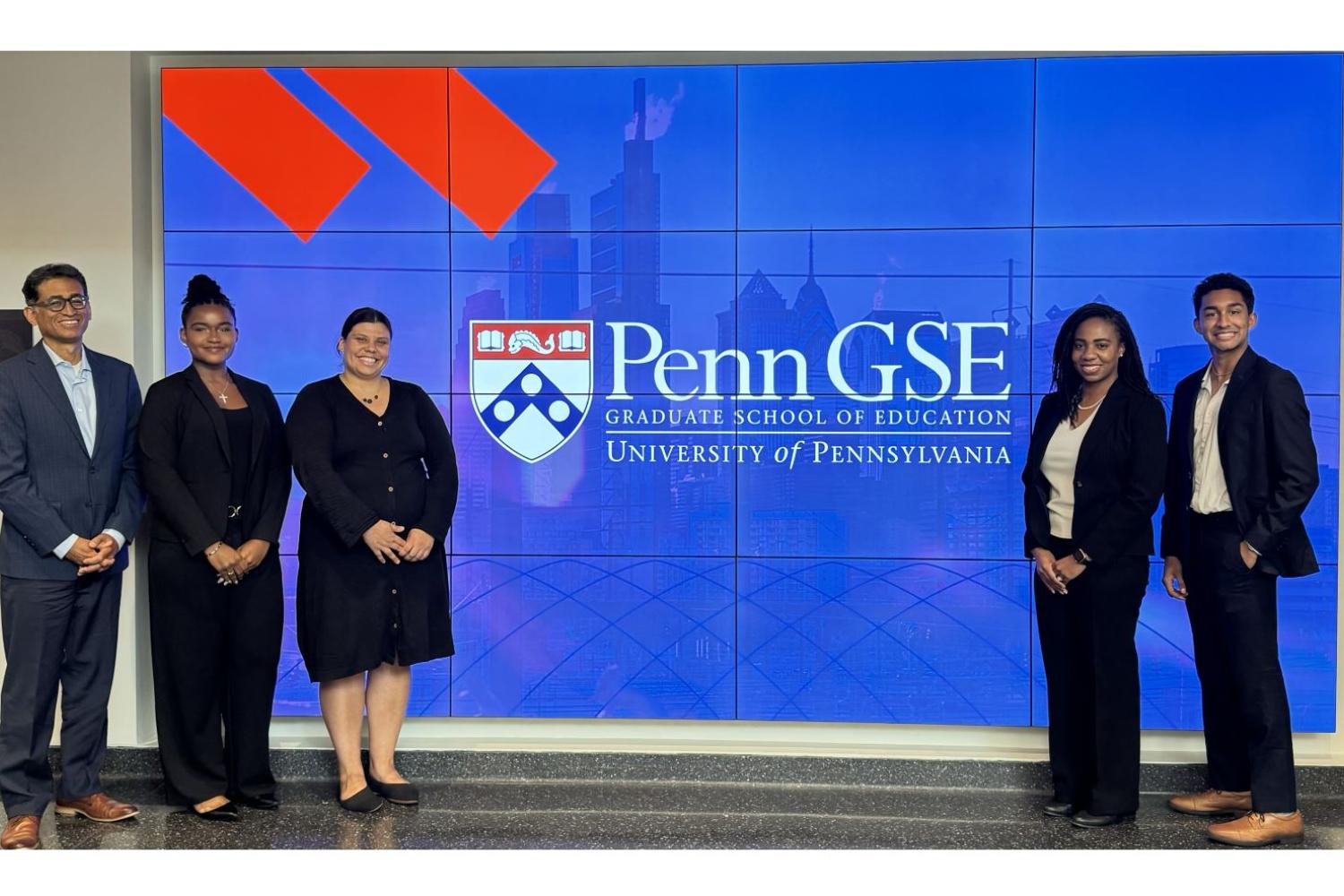 Alicia Augustin (second from left) and Vikram Sundaram (first from right) researched youth civic engagement in Philadelphia with mentorship from Dr. Rand Quinn (Department of Education) (first from left). 