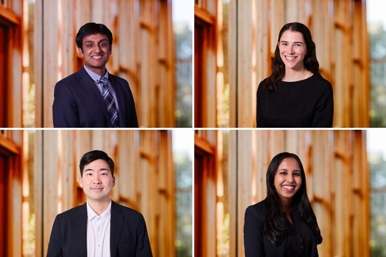 Four Penn affiliates each have been awarded a 2025 Knight-Hennessy Scholarship (clockwise from top left): fourth-year Aravind Krishnan; 2021 graduate Carson Eckhard; and 2020 graduates Meera Menon and Jun Hou Shin. (Images: Courtesy of Knight-Hennessy Scholars / Carolyn Fong Photography)