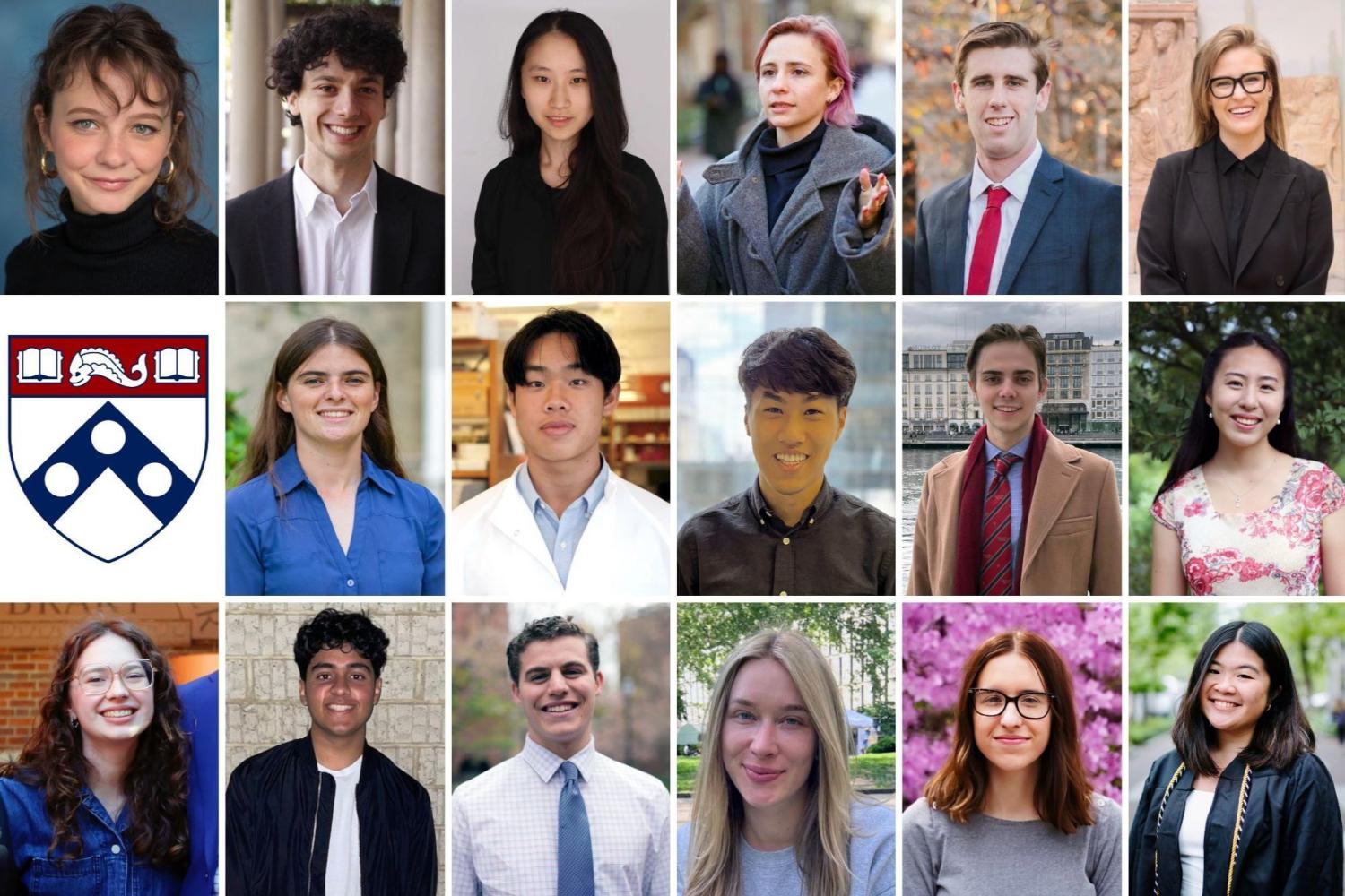 The 17 Penn students and alumni who have been offered 2025-26 Fulbright U.S. Student Program grants are (from left) (top row) Emily R. Antrilli, Leo Biehl, Emmie Chacker, Claire Elliot, Zane Grenoble, and Arielle Hardy; (center row) Theresa Haupt, Timothy Lie, Paul Lin, Henry McDaniel, and Nova Meng; (bottom row) Aleena Parenti, Rajat Ramesh, Elan Roth, Emma Steinheimer, Rachel Swym, and Teresa Xie.