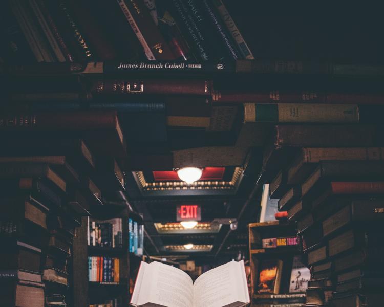 Open book floating in the middle of a library shelf